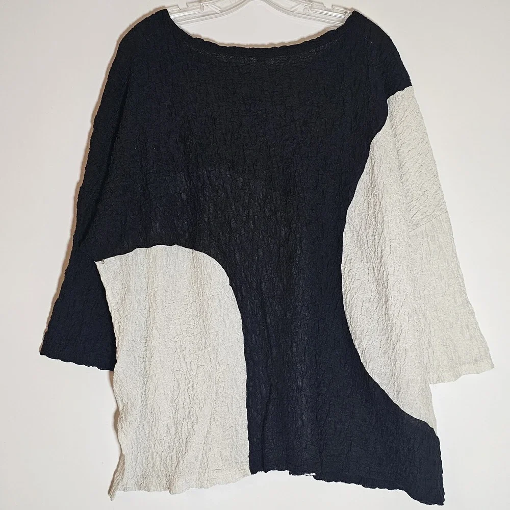 IC by Connie K Top Womens 2X Black White Guaze Art to Wear Blouse Lagenlook Boxy - Picture 10 of 15